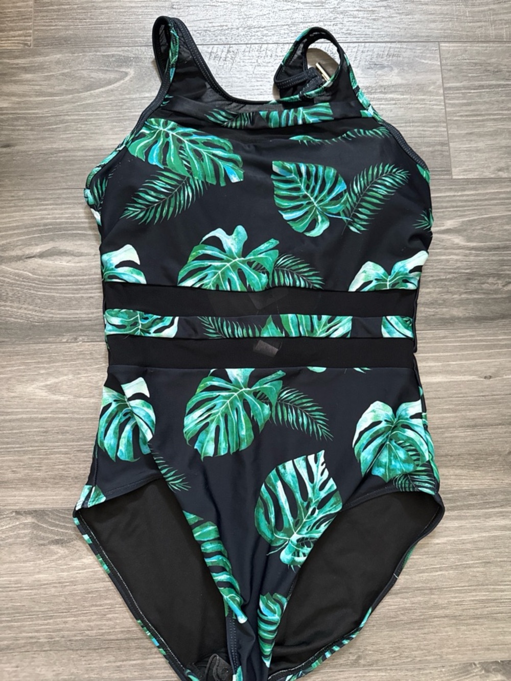 Black Medium One-Piece Swimsuit with Green Tropical Monstera Leaf Print